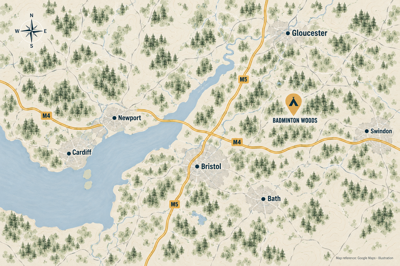Illustrated regional map showing Badminton Woods northeast of Bristol, near the M4, with Cardiff, Newport, Bath, Gloucester and Swindon