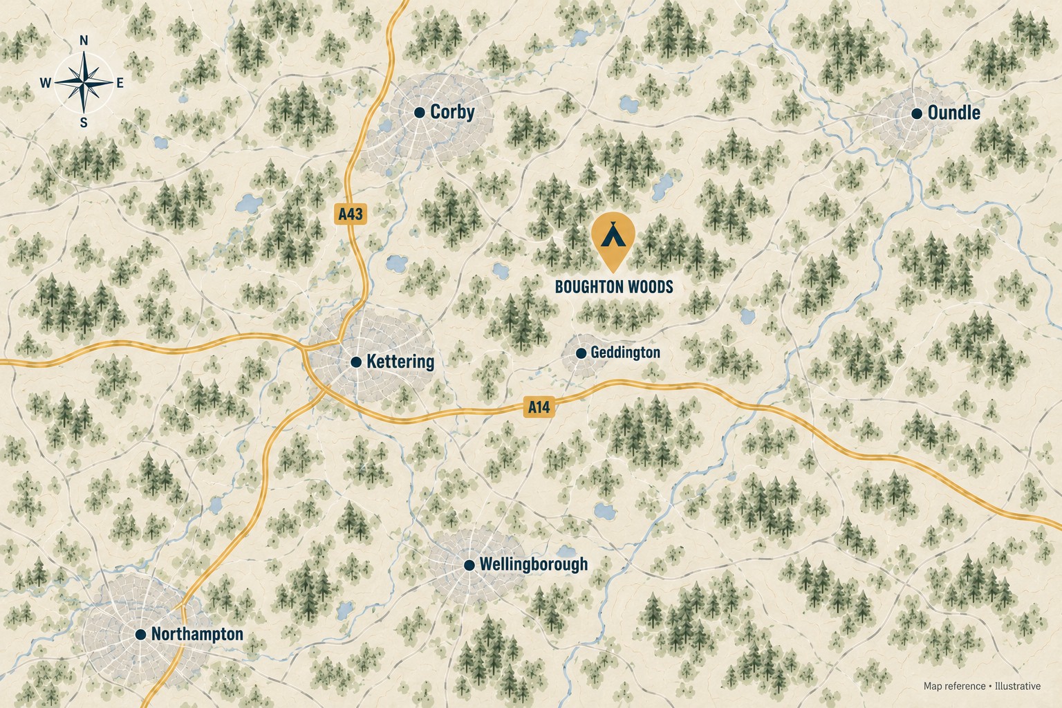 Illustrative regional map showing Boughton Woods and nearby towns