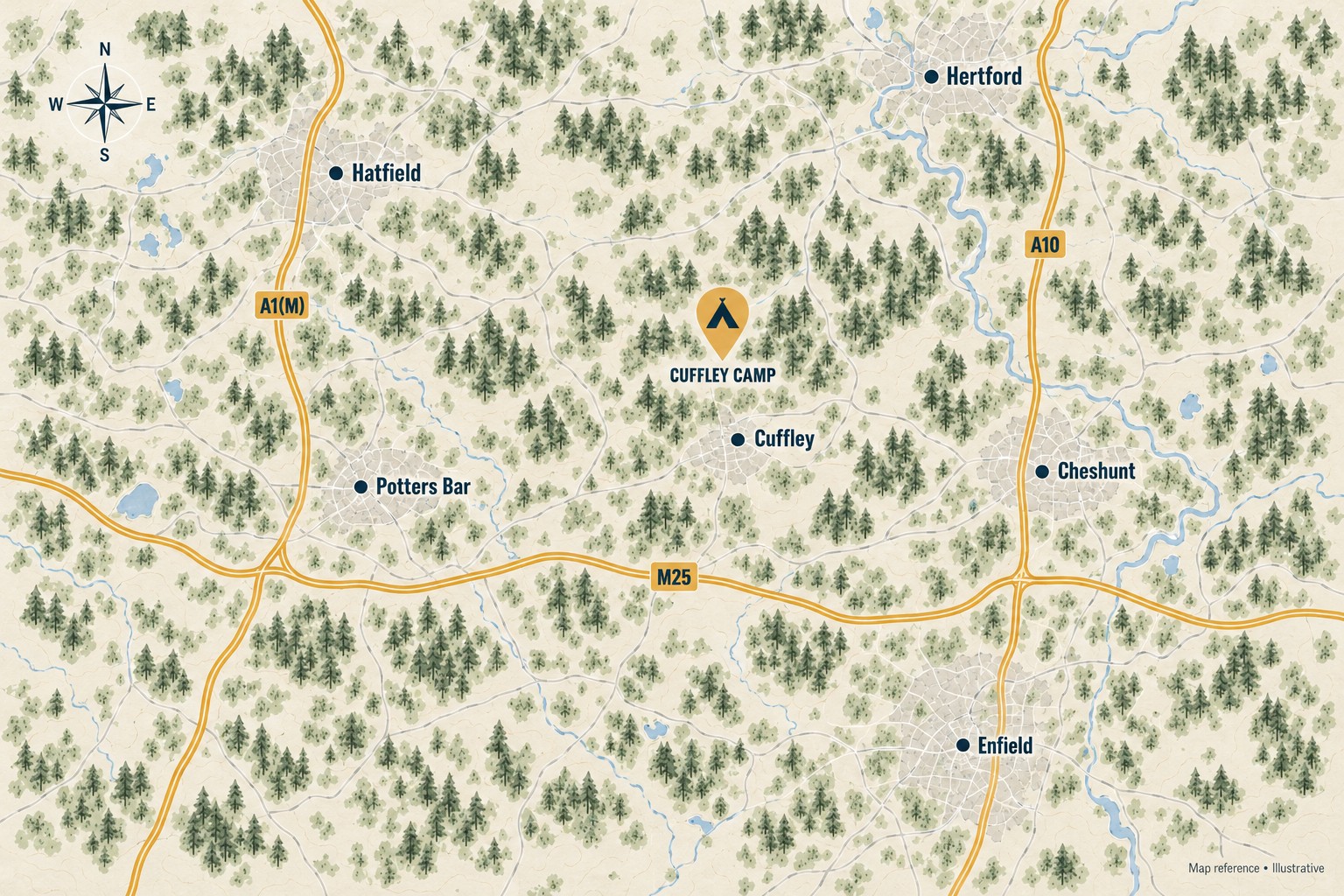 Illustrative regional map showing Cuffley Camp and nearby towns