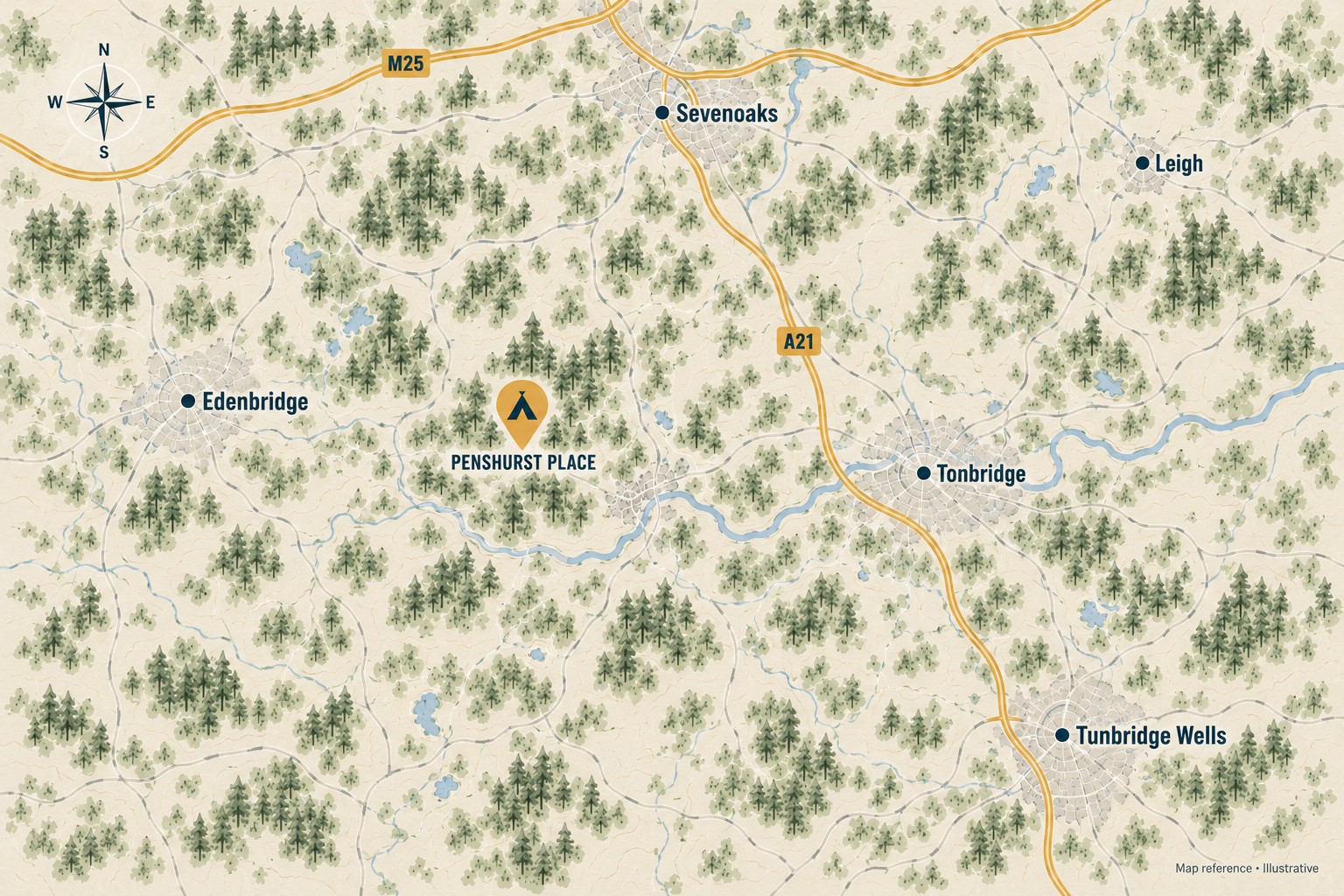 Illustrative regional map showing Penshurst Place and nearby towns